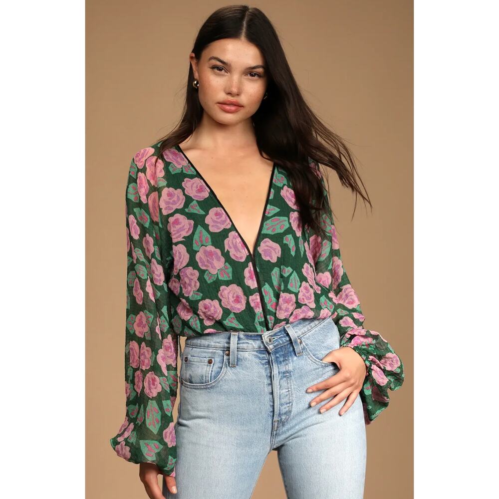 Lulus Where My Garden Grows Tie Back Bodysuit Sz S Green Floral Long Sleeve‎